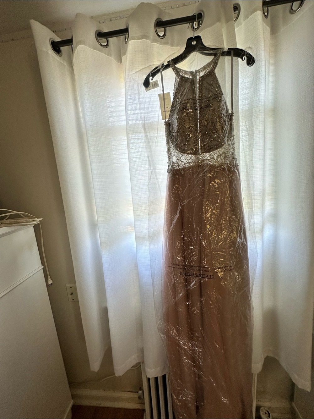 Embellished Halter Evening Gown in Champagne